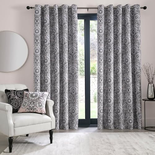 "Laurence Llewelyn-Bowen - Black & Natural Floral Curtains W66 x L90"" (168 x 229cm) - Blackout Curtains - Thermal Insulated - Mandala Bohemian Curtains - 0 Curtains and Drapes for Living Room & Bedroom"