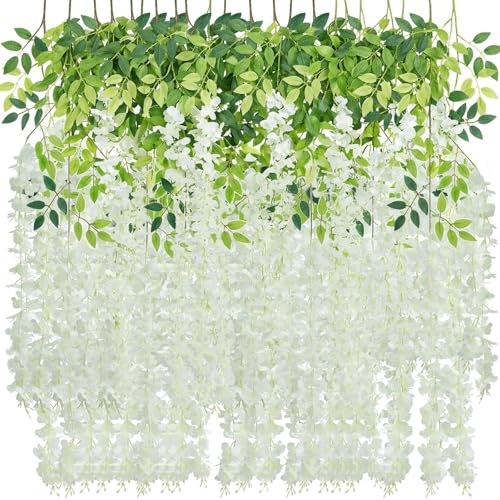 LUZOGA 48 Pack Artificial Wisteria Hanging Flowers Fake Wisteria Flower Silk Vines Rattan Decor for Home Wedding Arch Wall Garden Greenery Bedroom Outdoor Office Party Decoration (White)