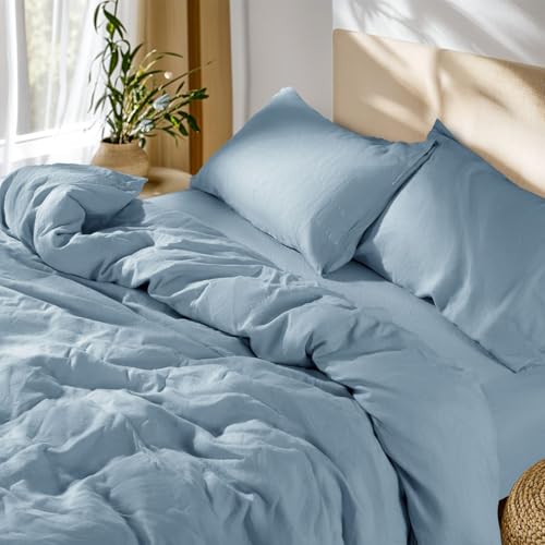 SONORO KATE 100% French Linen Queen Duvet Cover Set,Zipper Closure,3PC - Natural French Flax,Soft Breathable for Hot Sleepers,Moisture Wicking & Durable,4 Corner Ties,Dusty Blue