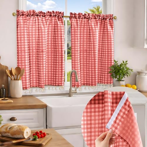Jilron No Drill Classic Checkered Linen Kitchen Curtains ??? Farmhouse Tier Drapes with Rod Pocket for Small Windows-Red Check(W 34*L 36in-2-Panel)