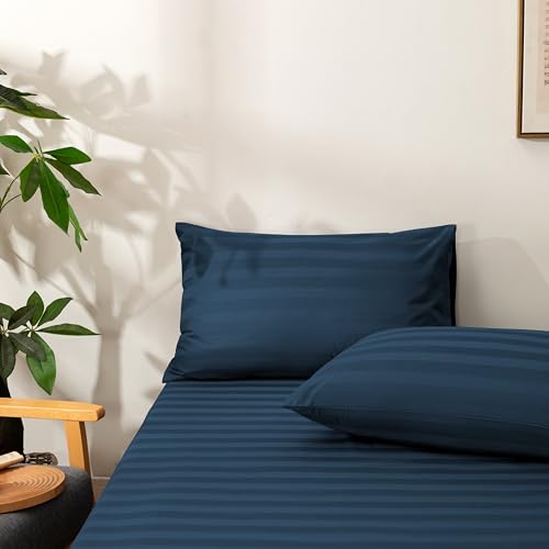 NookZuzu King Cotton Stripe Fitted Sheet & Pillowcase Set,Navy,3 Piece - Organic Cotton,Deep Pocket,NO Flat Sheet Included,Soft and Cooling,Including 1 King Navy Fitted Sheet & 2 Pillowcase