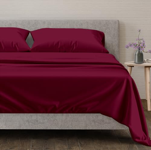 "Mayfair Linen Luxury Split King Size Flat Sheet for Adjustable Beds, Soft Cooling 600TC 100% Cotton,Fits up to 17"" Deep Pockets, Adjustable Mattress (Burgundy)"