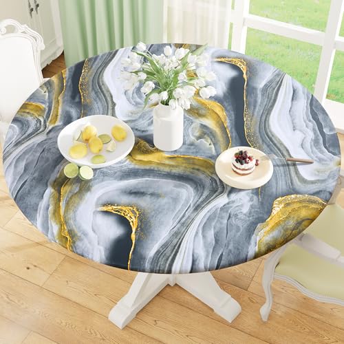 "misaya Round Fitted Tablecloth with Elastic Edge, 100% Waterproof Oil Proof Plastic Table Cover, Vinyl Flannel Backed Tablecloth Fits 45""-56"" Round Tables for Dinner, Outdoor, Picnic, Grey Gold Marble"