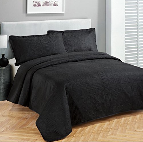 (Queen/Full, Black) - Fancy Collection 3pc Luxury Bedspread Coverlet Embossed Bed Cover Solid Black New Over Size 250cm x 270cm Full/queen
