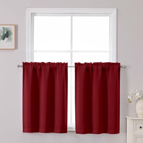 Chyhomenyc Short Kitchen Curtains 30 Inch Length, Small Red Curtain Rod Pocket Half Window Curtains for Basement Cabinet Camper RV Bunk, 2 PCS, Each 30Wx30L, Red