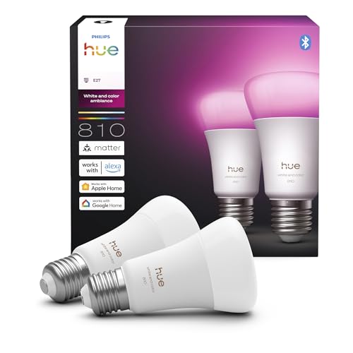 Philips Hue A60 LED Smart Bulb, E27, Pack of 2 - White and Colour Ambiance Light, Smart LED, 6W, 810lm, Dimmable, Bluetooth App Control, Smart Home