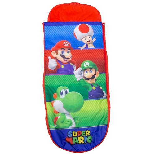 Nintendo Officially Licenced ReadyBed - Kids Inflatable Air Bed and Sleeping Bag with Pump - Squad Design Featuring Mario, Luigi, Toad, Yoshi - Travel Mattress for Sleepovers and Camping or Home Use