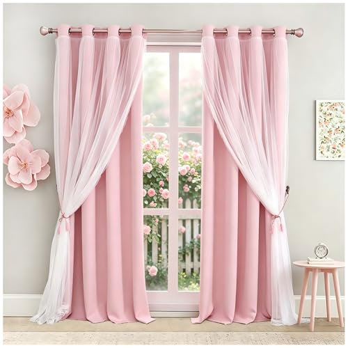 SOFJAGETQ Double Layer Curtains - 90 Inch Length, Mix and Match Pink Blackout with White Sheer Voile for Bedroom and Living Room, Light Blocking, 52 x 90 inch