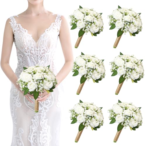 Artificial Bridesmaid Bouquets Set of 6 for Wedding - 7 inch White Flowers Bouquets for Bridesmaids, Faux Rose Gypsophila Rustic Small Floral Bouquet Fake Boho Wedding Party Ceremony Anniversary Decor