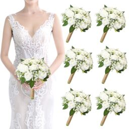 Artificial Bridesmaid Bouquets Set of 6 for Wedding - 7 inch White Flowers Bouquets for Bridesmaids, Faux Rose Gypsophila Rustic Small Floral Bouquet Fake Boho Wedding Party Ceremony Anniversary Decor
