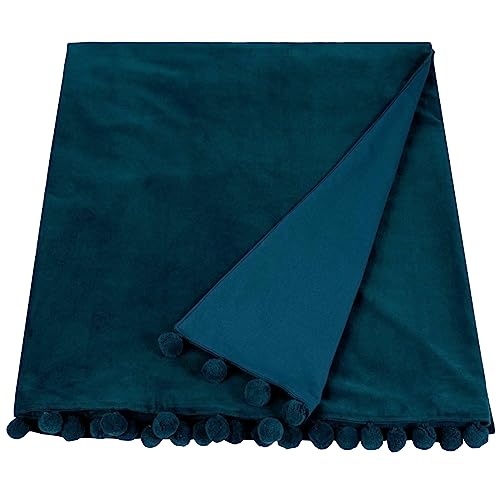 Ragged Rose 140 cm x 180 cm Throw Blanket - Pom Pom Throw Made of Cotton Velvet with Pompom Trims on Sides - Versatile Cotton Velvet Blanket for Sofa & Bed
