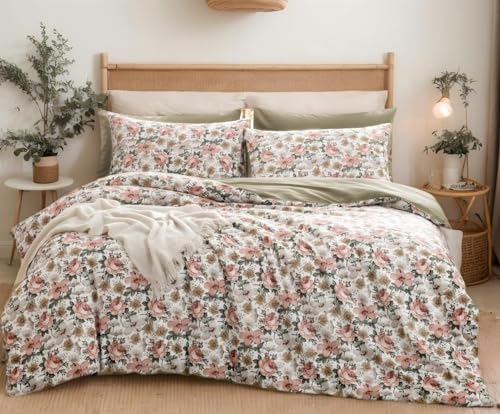 SLEEPBELLA Duvet Cover Queen, 600 Thread Count Cotton Pink & Yellow & Beige Floral Pattern Printed on White???Mustard Green Reversible Comforter Cover(Queen, Green Floral)