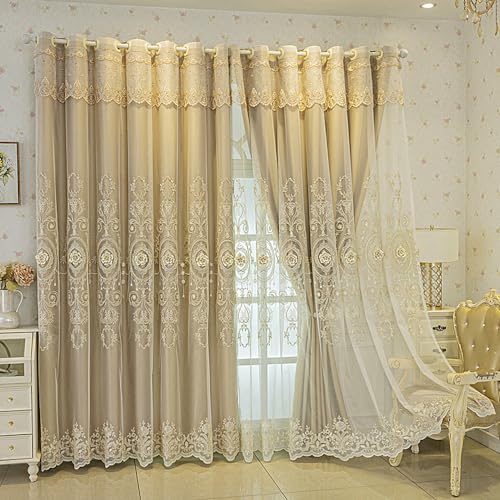 Amidoudou 1 Pair European Double Layer Curtains for Living Room Bedroom 3D Flower Embroidered Curtains with Valance (Gold,51x96 Inch)