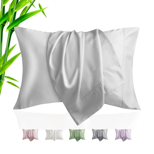 TELUS Pillow Cases Queen Size 2 Pack, Bamboo Rayon & Lyocell Pillowcase with Envelope Closure, Cooling Breathable Pillow Cover for Hot Sleeper & Night Sweats, 20x30 inch, Sliver Grey