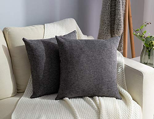 Stellhome Burlap Throw Pillow Covers Square Solid Decorative Farmhouse Linen Cushion Covers for Bed Couch Sofa Bench, 16 x 16 inch (40 cm), Dark Grey, Set of 2