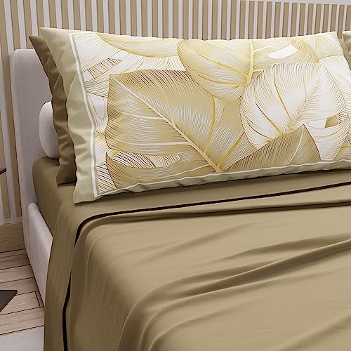PETTI Artigiani Italiani - Cotton Sheets with Pillowcases in Digital Print, Pizza and a Half Bed Set, Mud, 100% Made in Italy