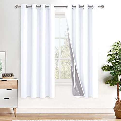 XWZO White 100% Blackout Curtains - Heat and Full Light Blocking Drapes with Black Liner for Bedroom/Laundry Room, Grommet Top Window Panels with Tiebacks, White, W52 x L72, Set of 2
