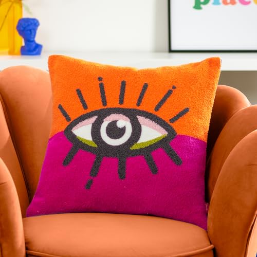 furn. Heya Home All Eyes On You Bouclé Tufted Feather Filled Cushion – Modern Eye Design, Cosy Micro-Bouclé Texture (Orange/Pink – 43 x 43 cm)