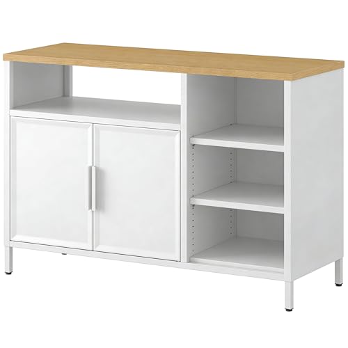 YITAHOME Storage Cabinet, Metal Cabinet, Sideboard, Cupboard with Double Doors, Magnetic Catch, Adjustable Shelves, Steel Frame, 42.5 x 15.7 x 29.9 inch, White Case + Yellow Oak Countertop