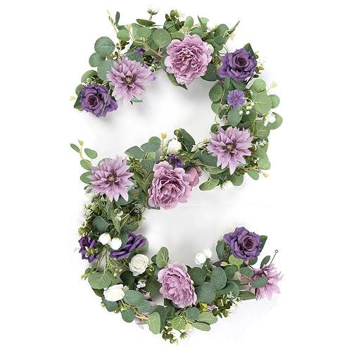 5.9 FT Artificial Eucalyptus Flower Garland with Butterflies - Pack of 1 Fake Rose Garland Faux Greenery Eucalyptus Garlands for Wedding Table Backdrop Arch Centerpieces Decorations - Purple