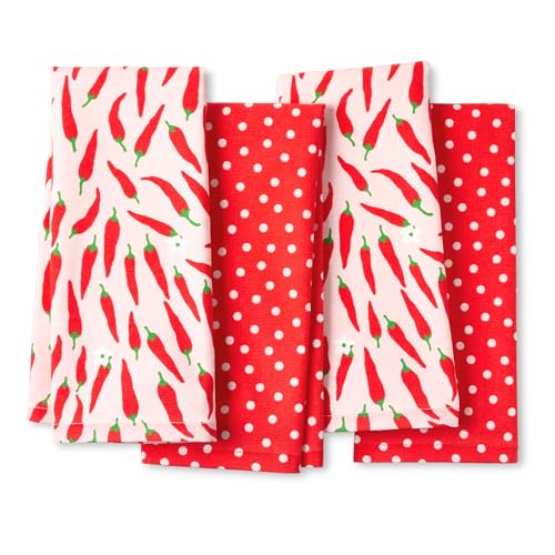 "Kate Spade New York Hot Hot Hot Peppers and Spring Time Dot Kitchen Towels 4-Pack Set, Absorbent 100% Cotton, Red/Pink, 17""x28"""