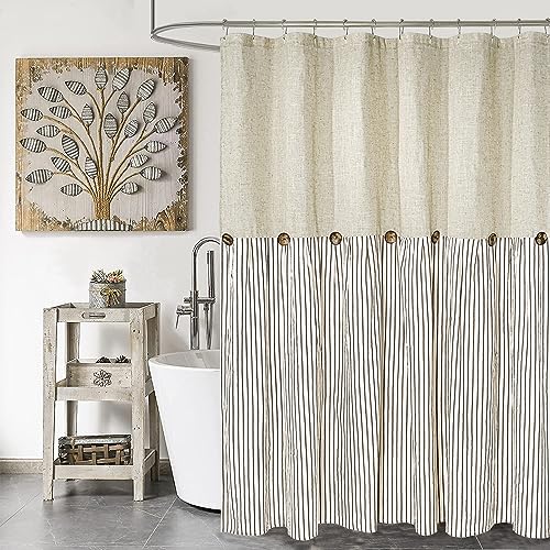 DOSLY IDÉES Farmhouse Shower Curtain,Beige and Brown Stripe,Button Curtain,Linen and Cotton Woven Fabric,Rustic Charm Country Chic Style,72x72 in