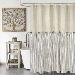 DOSLY IDÉES Farmhouse Shower Curtain,Beige and Brown Stripe,Button Curtain,Linen and Cotton Woven Fabric,Rustic Charm Country Chic Style,72x72 in