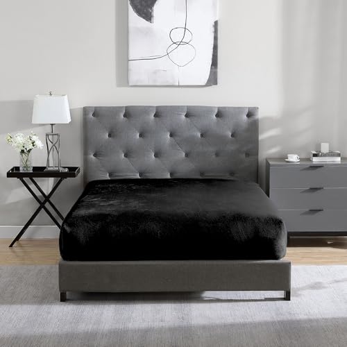 "Cathay Home Full Flannel-Plush Fur Fitted Sheet - Ultra Soft & Thick Plush Fur - All Season Cozy Warmth - 12"" Deep Pocket Fitted Sheet Only (Full, Black)"