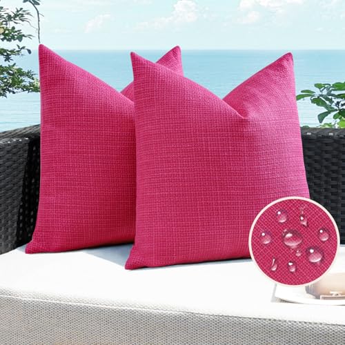Artscope Outdoor Waterproof Throw Pillow Covers 18x18 Inch Decorative Linen Outdoor Pillows Cushion Case for Patio Couch Sofa - Hot Pink