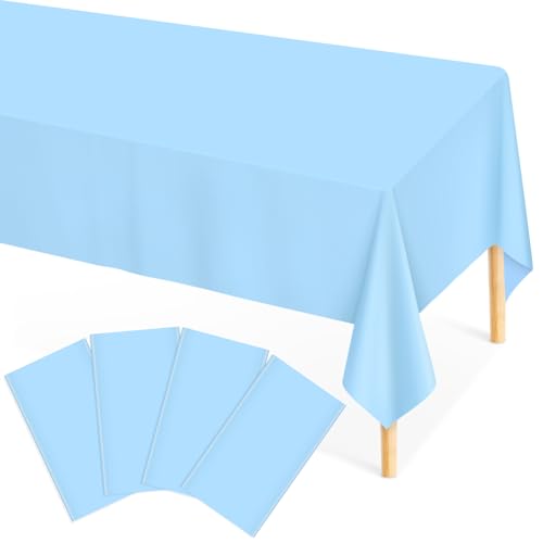 Mulbozy Plastic Tablecloth Disposable 4 Pack, 54 x 108 Inch Light Blue Table Cloths for Rectangle Tables, Baby Blue Plastic Cover for Picnic, Camping and Outdoor, Party Decoration