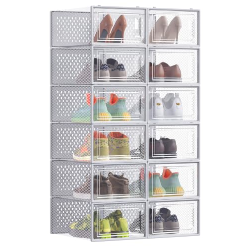 SONGMICS Pack of 12 Stackable Shoe Boxes, Foldable, Fit up to UK Size 8 - Shoe Storage Organisers, Versatile for Sneakers, Dove Grey, DENNYS Collection LSP006G12