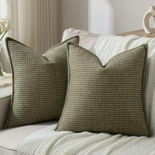 FUTEI Pack of 2 Chenille Throw Pillow Covers 24x24 Inch, Olive Green - Premium Houndstooth Chenille Front/Smooth Velvet Back,Hidden Zipper,Machine Washable,Pilling-Resistant,Colorfast,No Insert.