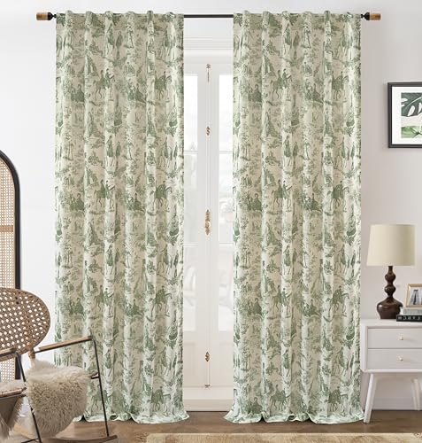 DriftAway 100% Blackout Toile Linen Curtains for Bedroom Double Layer Farmhouse French Country Vintage Printed Pattern Thermal Sound Lined Back Tab Living Room Drapes 96 inch Long 2 Panels Loden Green