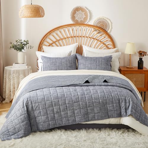 Softpage Navy Blue Quilt King Size Bed Spreads - 3-Piece Set with Blue Stripe Coverlet, Light Weight Quilt & 2 Pillow Shams