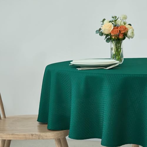 maxmill Round Tablecloth Weaved Texture Design Spill-Proof Wrinkle Free Soft Christmas Table Cloth for Circular Table Cover, for Dining Room Banquet Parties Holiday Dinner, 90 Inch Hunter Green