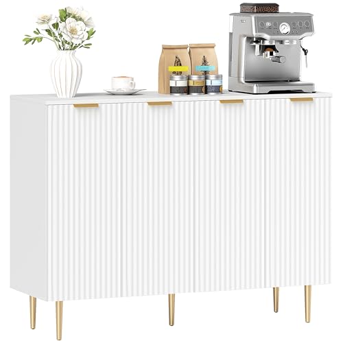 HOMCOM Sideboard Buffet Cabinet, Modern Kitchen Storage Cabinet with 4 Doors and Adjustable Shelves, Living Room Cabinet with Metal Legs for Hallway, White