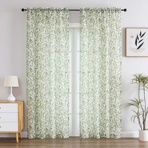 "OWENIE Leaf Sheer Curtains 84 Inches Long 2 Panels Set, Farmhouse Light Filtering Printed Crushed Semi Sheer Patterned Curtains for Bedroom Living Room, Rod Pocket, Each 42"" W x 84"" L"