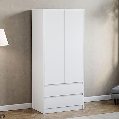 Vida Designs Denver 2 Door & 2 Drawer Wardrobe - White - Bedroom Furniture - 174H x 76W x 53D cm - with Spacious Drawers & Hanging Rail - Large Capacity Storage
