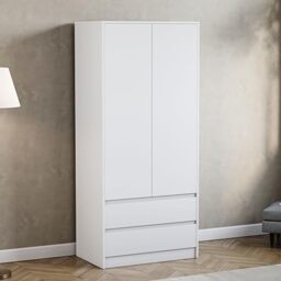 Vida Designs Denver 2 Door & 2 Drawer Wardrobe - White - Bedroom Furniture - 174H x 76W x 53D cm - with Spacious Drawers & Hanging Rail - Large Capacity Storage
