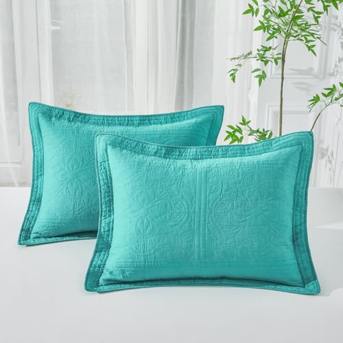 WINLIFE 100% Cotton Quilted Pillow Sham Floral Printed Pillow Cover Set of 2 (Standard Size, Teal)