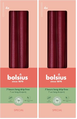 Bolsius Smooth Tapered Candles - Metallic Red - Set of 4 in Box - 24.5 cm - Decorative Household Candles - Burning Time 7 Hours - Unscented - Natural Plant Wax - Without Palm Oil (Pack of 2)