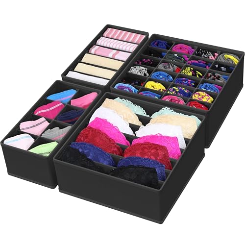 Simple Houseware Closet Underwear Organizer Drawer Divider 4 Set, Black - Closet Dividers for Underwear, Socks, Bras, Scarves, Ties - Foldable Non-Woven Storage Boxes