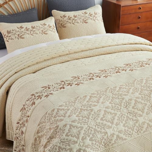 "EVENHUG Floral Quilts Set Queen Size 3 Piece Bedding Set Reversible Bedspread with 2 Pillow Shams Coverlet Lightweight Soft Bed Cover for All Season(106""X96"",Beige)"