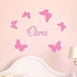 Personalised Name Stickers - Butterfly Wall Sticker - Children's Room Wall Decoration - 2 Sheets of 10 x 15 cm and 40 x 25 cm - Pink