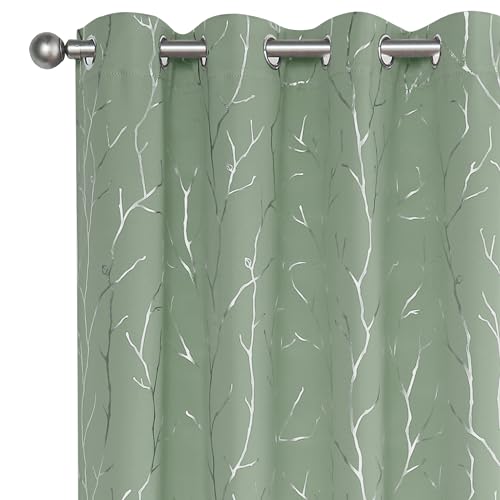 BUHUA Black Out Curtains 63 Inch Long 2 Panels, Soundproof Curtains with Elegant Silver Tree Branches Print, Heat Blocking Curtains for Livingroom, 52W x 63L, Sage Green