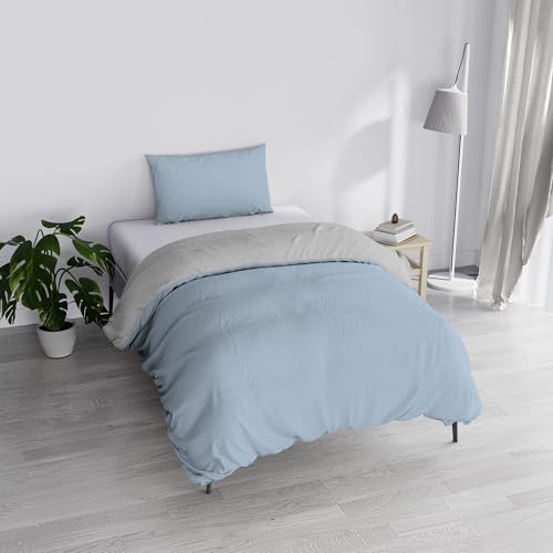Italian Bed Linen Duvet Cover Set ???Natural Colour??? with Doubleface Solid Colour Bag Sheet and Pillowcase, Light Blue/Light Gray, Single, small double