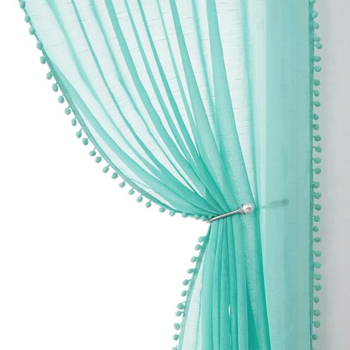 "Treatmentex Pompom Sheer Curtains for Kids-Room 72"" Aqua-Blue Slub Textured Window Sheer Panels for Bedroom Living Room 52"" Wide, 2 Panels Rod Pocket"