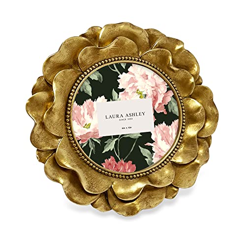 Laura Ashley 4x4 Gold Round Resin Ornate Flower Design Picture Frame with Beaded Border, for Tabletop and Wall Display, Floral Home D cor (Gold)