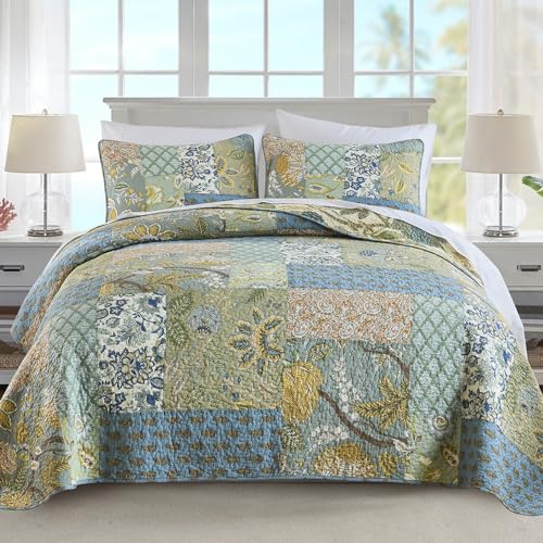 NEWLAKE Bohemian Floral Pattern Bedspread Quilt Set with Real Stitched Embroidery,Queen Size