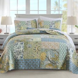 NEWLAKE Bohemian Floral Pattern Bedspread Quilt Set with Real Stitched Embroidery,Queen Size